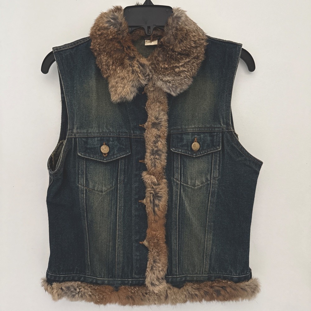 CEJON Vest Womens L Blue Denim With Fur Trim & Collar VTG Western Y2K Revival